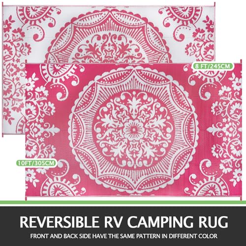 Capslpad Outdoor Rug 8x10 Patio Waterproof Boho Floral Plastic Straw Rug Large Foldable Vintage Outside Carpet with Carry Bag for RV Backyard Balcony Bench Picnic Porch, Pink - color: Pink, size: 8' x 10' (Rectangular)