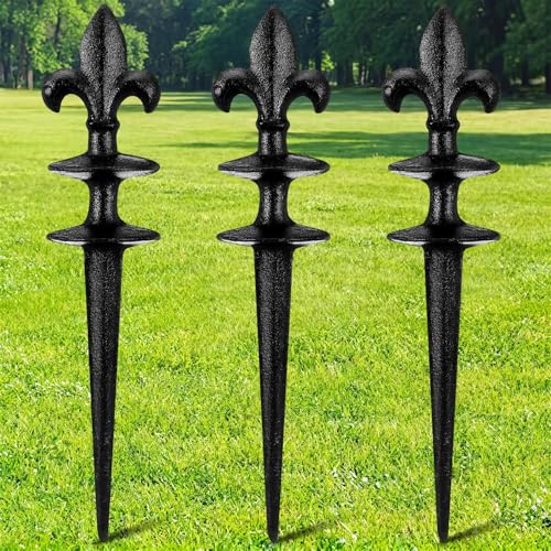 Tandefio 3 Pcs Fleur De Lis Garden Hose Guide Stakes, Heavy Duty Decorative Antique Black Cast Iron Metal Hose Guides, Plant Protector for Lawn Yard Flower Bed - style: Fleur De Lis
