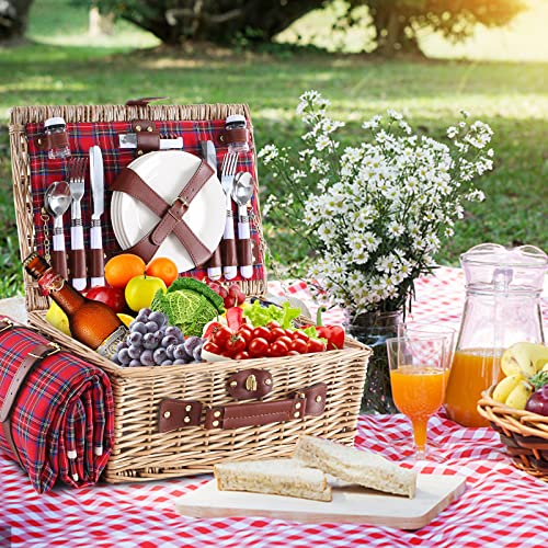 Wicker Picnic Basket for 4 with Waterproof Picnic Blanket and Insulated Cooler, Willow Hamper for Camping, Outdoors, Photoshoot, or a Birthday, Valentine’s Day, Wedding Gift - color: Red Grid
