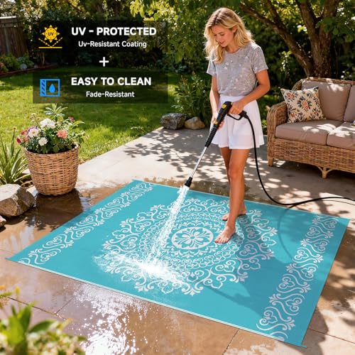 Pauwer Waterproof Outdoor Rug 5x8, Reversible Plastic Straw Patio Camping Rug, Indoor Outdoor RV Mat Carpet for Deck, Camper, Porch, Balcony, Backyard, Picnic, Floral Teal - color: Floral Teal, size: 5' x 8' (Rectangular)
