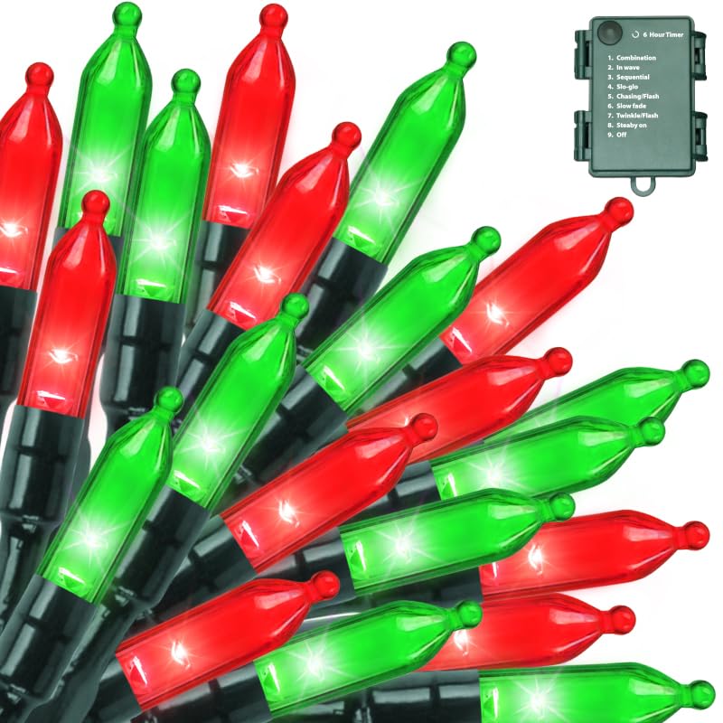 LAMPHOME 50 LED Outdoor Christmas Lights, 16 FT Mini String Light with 9 Modes & 6 Hour Timer, Waterproof Battery Operated for Indoor Outdoor Patio Garden Party Tree Decoration, Red Green - color: Red Green, size: 50 Count