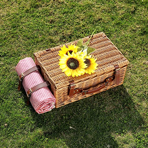 Picnic Basket for 4 Persons with Waterproof Picnic Blanket and Insulated Cooler, Large Wicker Picnic Basket for Camping, Outdoors, Valentine's Day, Christmas, Birthday, Wedding Gift - color: Red and White Small Plaid