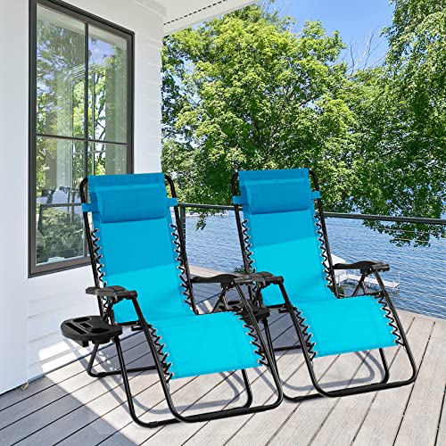 Giantex 2 PCS Zero Gravity Chair, Outdoor Chaise Lounge with Cup Holder, Patio Folding Chairs Recliner for Yard Pool Lawn Balcony, Blue - color: Blue, size: 1 Count (Pack of 2)