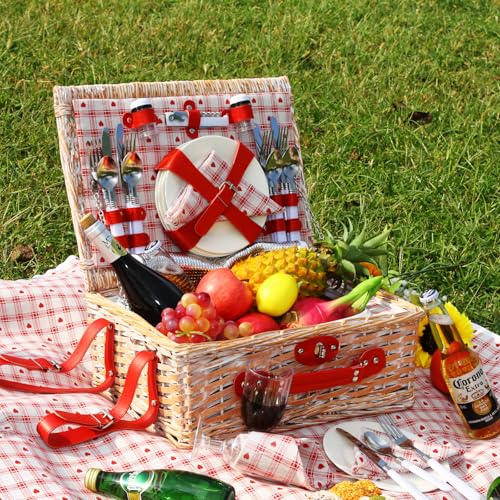 Picnic Basket Set for 4 with Waterproof Blanket Mat Insulation Bag Wicker Floral Pink Red Love Plaid Cute Kawaii Gift for Wedding Birthday Summer Camp Outdoor Camping Beach Travel Christmas - color: Red Heart