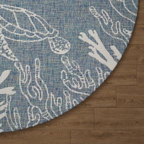 LR Home 5ft Round Indoor/Outdoor Area Rug | Turkish Carpet for Patio, Deck, Backyard, Garden, Front Porch, Picnic and Balcony | Graphic Farmhouse Boho Coastal, Beach, Coral Reef Themed Rug| Aqua/White - color: Aqua/White, size: 7'6" (Round)