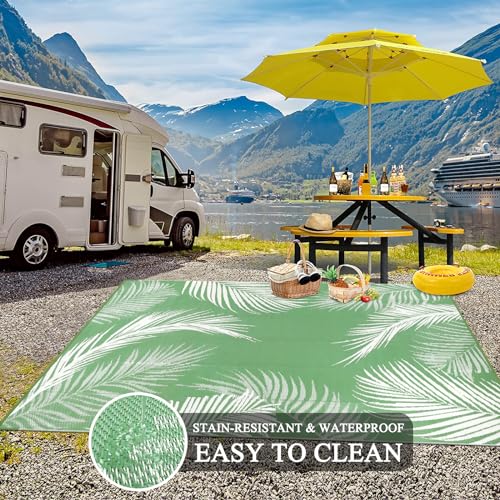Pauwer Waterproof Outdoor Rug 6x9, Reversible Plastic Straw Patio Camping Rug, Indoor Outdoor RV Mat Carpet for Deck, Camper, Porch, Balcony, Backyard, Picnic, Leaf Green - color: Leaf Green, size: 6' x 9' (Rectangular)
