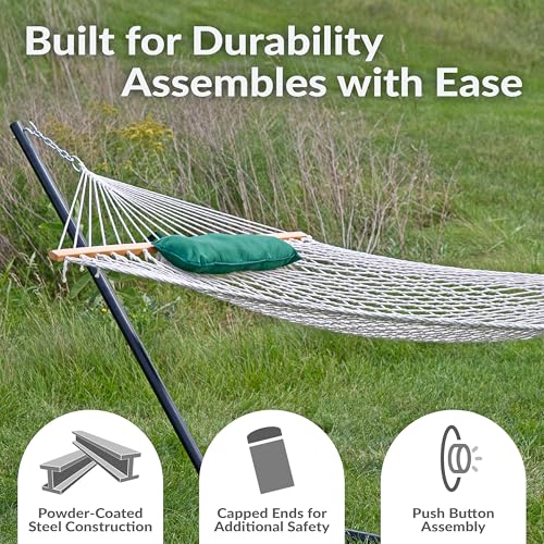 Sunnydaze Rope Hammock with Stand for Outside - Heavy Duty Freestanding Portable Outdoor Hammock Set with Quilted Pad, Pillow, and 12-Foot Steel Frame - 275 lb Capacity - Green & White Stripe - color: Green and White Stripe