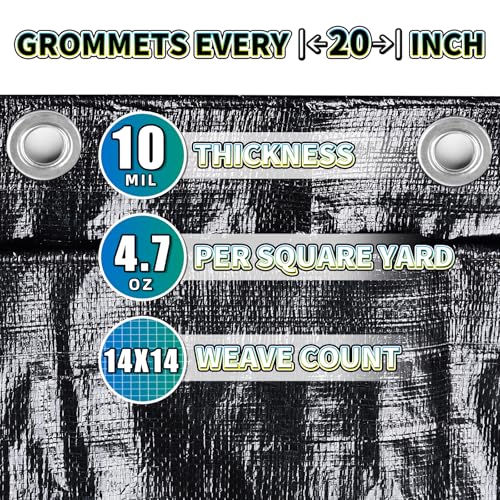 Black Tarp 12x16 Feet, 10 Mil Thick Waterproof Poly Tarps Cover UV Resistant, Rip & Tear Proof with Metal Grommets Every 20 Inches - color: Black, size: 12x16 Ft