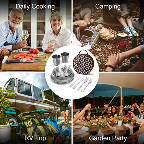 Odoland Stainless Steel Camping Mess Kit for Family & Person, Cooking Tableware Utensils with Plates Bowls Forks Spoons Knives & Savings Bag for Camping, Backpacking, Hiking, Picnic - style: 2 Person Set
