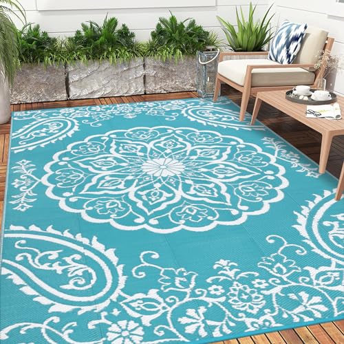 Pauwer Reversible Outdoor Rug, 6'x9', Waterproof Polypropylene Patio Mat, RV, Balcony, Deck, Beach, Picnic - color: Boho Teal, size: 6' x 9' (Rectangular)
