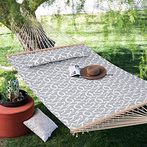 SUNCREAT Double Quilted Hammock with Hardwood Spreader Bar, Extra Large Soft Pillow, Heavy Duty 2 Person Hammock for Indoor, Outdoor, Grey Pattern - color: Grey Pattern