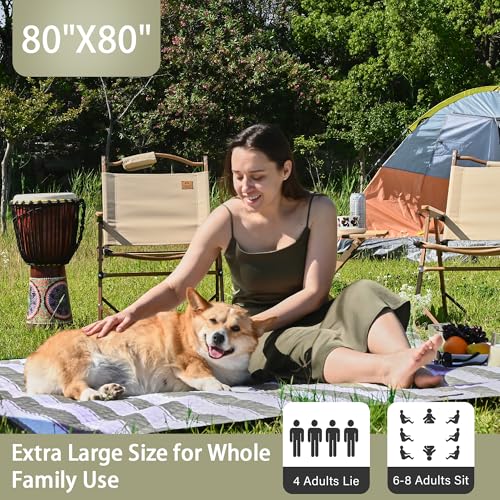 HX&OD Outdoor Picnic Blanket Extra Large, 80''*80' Waterproof Picnic Mat with Stakes Foldable Camping Blanket Portable with Carry Strap for Beach Mat (Green, 80''*80'') - color: Green& White, size: 6'8" x 5' (Rectangular)