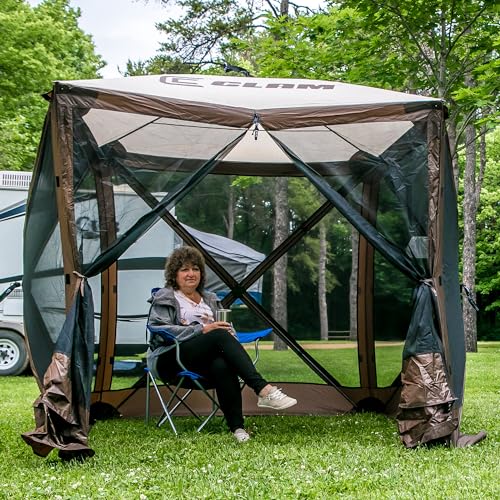 CLAM Quick-Set Pop Up Screen Tent, Traveler, 6 x 6 ft, Instant Setup Brown Portable Outdoor Shelter, Compact Bug-Free Canopy Tent for Camping, Fishing, Backyard - Brown - color: Brown/Tan Roof/Black Mesh - w/ Wind Panel Flaps