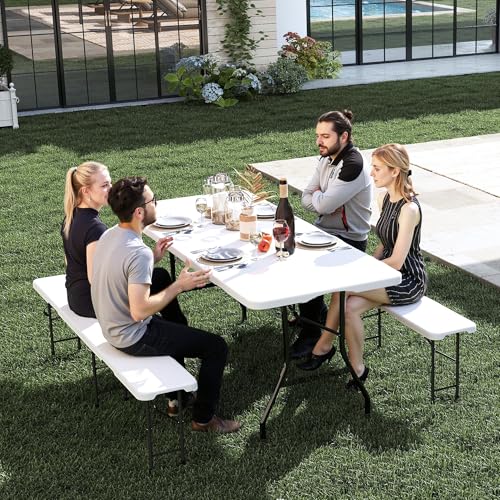 Real Relax 6' Picnic Table with 2 Benches, 3 Piece White Portable HDPE Folding Camping Table and Benches for Courtyard, Garden, Outdoor Leisure, Party - color: White