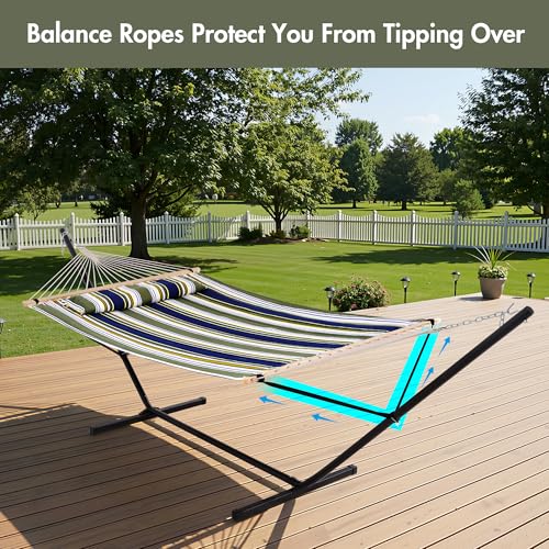 ANOW Double Hammock with Stand 12FT, Heavy Duty Hammocks with Stand for Outside, 450 LBS Weight Capacity, Blue & Green Stripes - color: Blue & Green Stripes, size: 2 Person With Stand