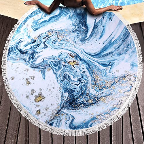 Benefeet Sox Beach Towel Large Round Mandala Pool Towels Tassels Microfiber Quick Dry Beach Blanket Throw Bohemian Roundie Swim Pool Circle Towel, 59 Inches - color: Blue Marble Liquid Quicksand