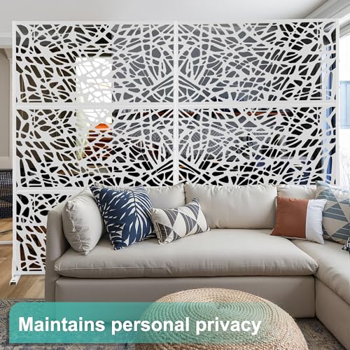 Modern Metal Privacy Screen, Patio Outdoor Privacy Panels with Stand, Freestanding Outdoor Divider for Yard, Deck＆Garden(71.3"*47.3"*15.7") - color: White,Leaf Vein