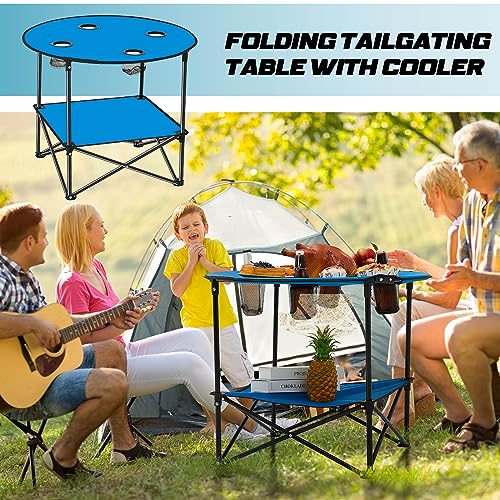 Soaoo 2 Pcs Folding Camping Table with 4 Mesh Cupholders 2 Tier Portable Folding Table Round Lightweight Fabric Compact Carrying Case Beach Table for Summer Outdoor Tailgating Fishing Hiking - color: Blue