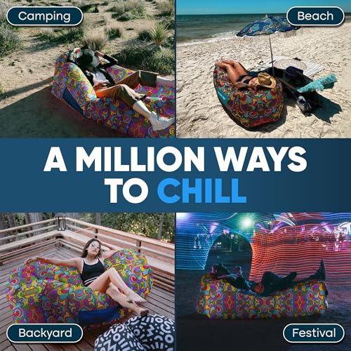 Chillbo Inflatable Couch – Unique Designs - No-Pump Setup, Ripstop Polyester, Stability Pegs, Fun Prints - Portable Air Inflatable Lounger for Beach, Camping, Festivals, and Tailgating - color: 60s Psychedelic, size: Large