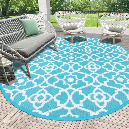 HEBE Outdoor Rug Waterproof 8ft, Plastic Straw Rug Camping Rug, Reversible Outdoor Patio Rugs RV Mat Clearance, Indoor Outside Floor Carpet for Porch,Deck,Camper,Balcony,Backyard - color: Teal, size: 8' (Round)