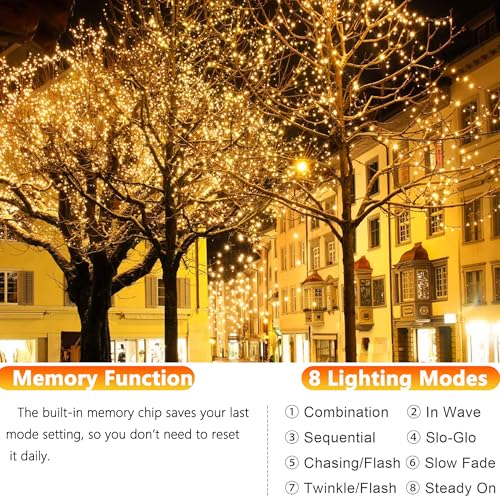 Joomer Solar Fairy Lights, 4-Pack Total 104FT 320LED Solar String Lights Outdoor Waterproof 8 Lighting Modes for Patio Fence Party Garden Yard Home Holiday Tree Outdoor Decoration (Warm White) - color: Warm White, size: 4*80LED