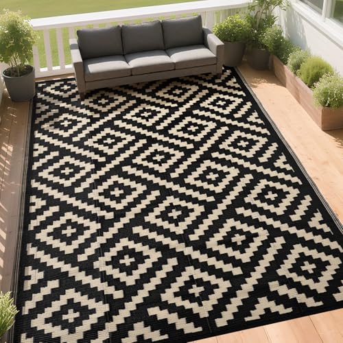 RURALITY Outdoor Rugs 9x12 Feet for Patios Clearance,Plastic Straw Waterproof Mats for Backyard,Porch,Deck,Balcony,Black&Beige - color: Cross-black&beige, size: 9' x 12' (Rectangular)