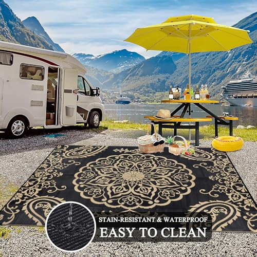 Pauwer Waterproof Outdoor Rug 6x9, Reversible Plastic Straw Patio Camping Rug, Indoor Outdoor RV Mat Carpet for Deck, Camper, Porch, Balcony, Backyard, Picnic, Boho Black Brown - color: Boho Black Brown, size: 6' x 9' (Rectangular)