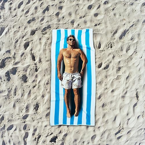 COTTON CRAFT Oversized Beach Towels - 2 Pack XXL 35x84 - The Big Kahuna 7 Foot Extra Large Beach Blanket Towel - Big & Tall - Huge 100% Cotton Velour Soft Luxury Pool Bath Towel - Cabana Stripe Aqua - color: Cabana Stripe - Aqua, size: 2 Pack - 35x84