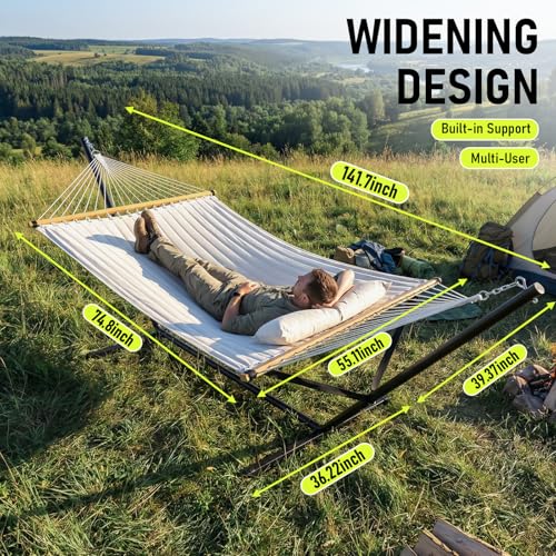 FULIYE Double Hammock with Stand for Outdoor，2 Person Heavy Duty Portable Hammock with Adjustable Steel Stand and Balance Ropes Included – for Patio, Backyard, Garden, Beach((Beige)