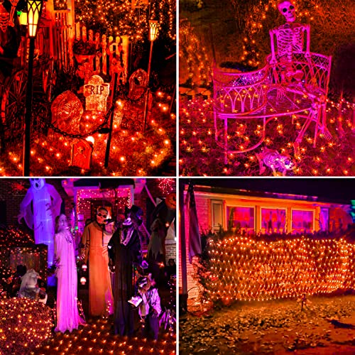 BlcTec Halloween Lights 200 LED 8.4ft x 5.2ft Orange Net Lights with 8 Modes, UL Certified, Timer, Connectable, Waterproof, Dark Green Wire for Trees, Bushes, Shrub, Lawn Halloween Decorations Outdoor - color: Orange, size: 200LED