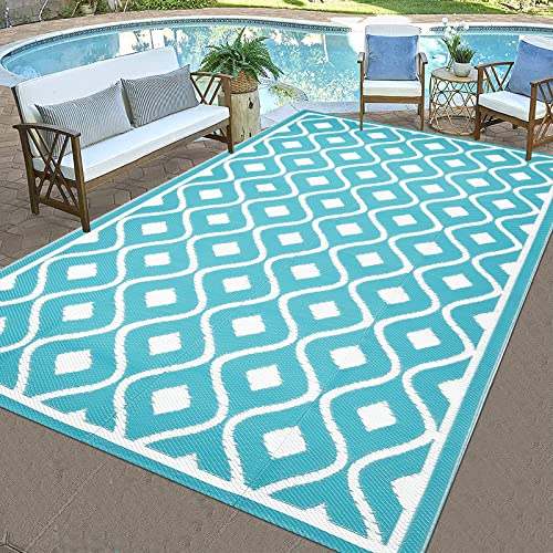 Pauwer Waterproof Outdoor Rug 6x9, Reversible Plastic Straw Patio Camping Rug, Indoor Outdoor RV Mat Carpet for Deck, Camper, Porch, Balcony, Backyard, Picnic, Geometric Teal - color: Geometric Teal, size: 6' x 9' (Rectangular)