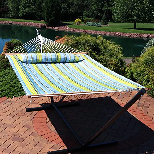 Sunnydaze Quilted Double Hammock for Outside with Spreader Bars and Pillow - 450 lb Capacity, 74x55 Inch Bed, UV Resistant, Quick Dry - Chains Included, Stand Sold Separately - Blue & Green - color: Blue and Green