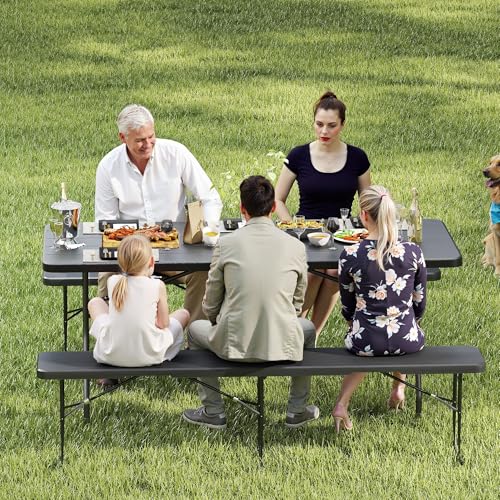 Real Relax 6' Picnic Table with 2 Benches, 3 Piece Black Wood Grain Portable HDPE Folding Camping Table and Benches for Courtyard, Garden, Outdoor Leisure, Party - color: Black