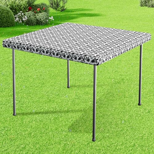 misaya Sqaure Vinyl Table Cloth, Elastic Fitted Flannel Backed Tablecloth, 100% Waterproof Plastic Table Cover Fits Folding Tables for Picnic, Camping, Outdoor (Black, 34" x 34") - color: Black, size: 34" x 34" (Square)