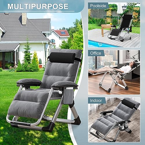 ABORON Upgrade Zero Gravity Chair/Armrest Mat,Premium Outdoor Lawn Folding Lounge Chairs,Sturdy Adjustable Reclining Patio Chairs with Removable Seating Cushion,Headrest & Tray - color: Light Gray Cotton Chair