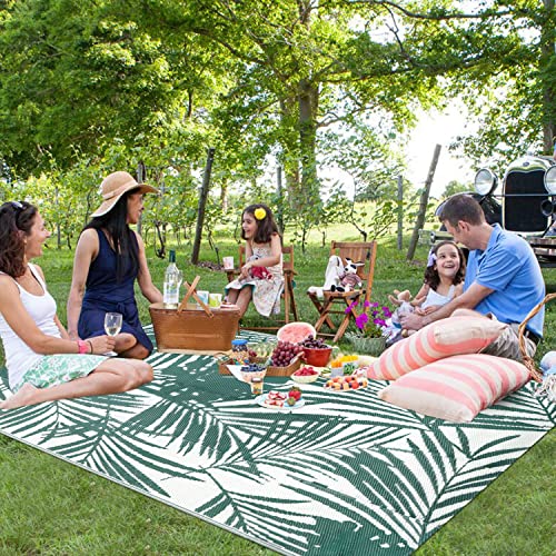famibay 5x8 Outdoor Rug Waterproof Patio Rug Tropical Outdoor Plastic Straw Rug Outdoor Carpet Reversible Deck Rugs Waterproof Lightweight Portable Rugs for Patio Camping RV(Green) - color: Green & White, size: 5' x 8'