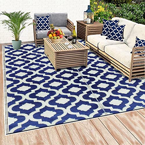 Recycled Outdoor Plastic Patio Rugs Clearance Waterproof RV Camper Rug Large Reversible mats 6'x9' Blue & White 20317 - color: Blue, White, size: 6' x 9' (Rectangular)