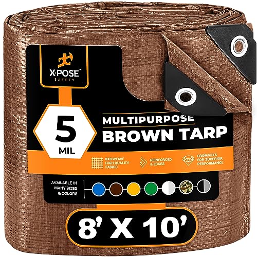 Multipurpose Protective Cover Brown Poly Tarp 8' x 10' - Durable, Water Resistant, Weather Resistant - 5 Mil Thick Polyethylene - by Xpose Safety - color: Brown, size: 8 Feet x 10 Feet