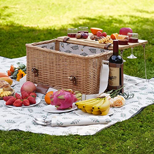 WILLOW WEAVE Picnic Basket with Table, Wine Picnic Basket Set 4, Wicker Picnic Basket for 4, Willow Hamper Service Gift Set with Blanket & Portable Wine Snack Table for Camping and Outdoor Party - size: L for 4P-Leaf