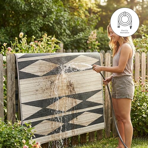 Fab Habitat Outdoor Rug - Waterproof, Fade Resistant, Crease-Free - Premium Recycled Plastic - Neutral Geometric Tribal - Large Patio, Deck, Sunroom, Camping, RV - Cairo - Natural & Black - 6 x 9 ft - color: Cairo - Natural & Black, size: 6' x 9' (Rectang