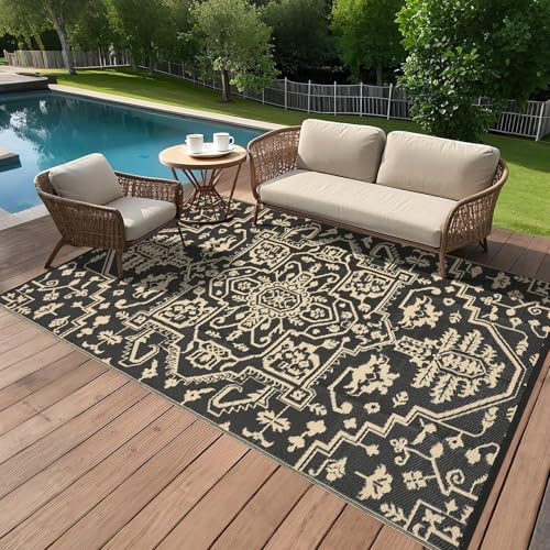 GarveeHome 9x12 Outdoor Rugs Vintage Medal Reversible Plastic Straw Rug UV Resistant Non Shedding Camping Carpet Fold Portable Outside Carpet Mat for RV Porch Backyard Balcony Pool Side, Black Brown - color: Vintage | Black Brown, size: 9' x 12' (Rectangu