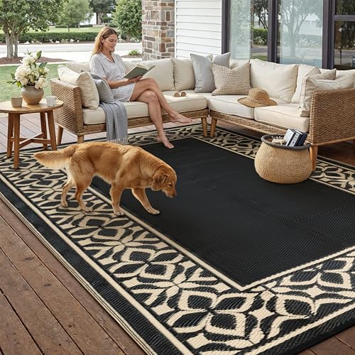 PureCozy Outdoor Plastic Straw Rug Black Beige Large Outside Waterproof Outdoor Patio 5x8 Carpet Geometric Reversible Mat Modern for Camping RV Porch Deck Balcony Beach - color: Geo | Black Beige, size: 5' x 8' (Rectangular)