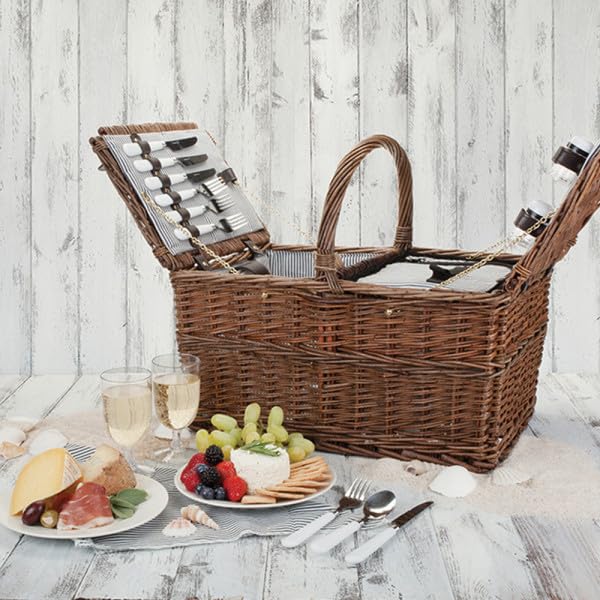 Twine Cape Cod Wicker Basket with Insulated Compartments, Service for 4 – Includes Silverware, Plates, Napkins, Wine Glasses, Shakers, and Corkscrew, Perfect for Picnic, Outdoor Party - style: Cape Cod Picnic Basket
