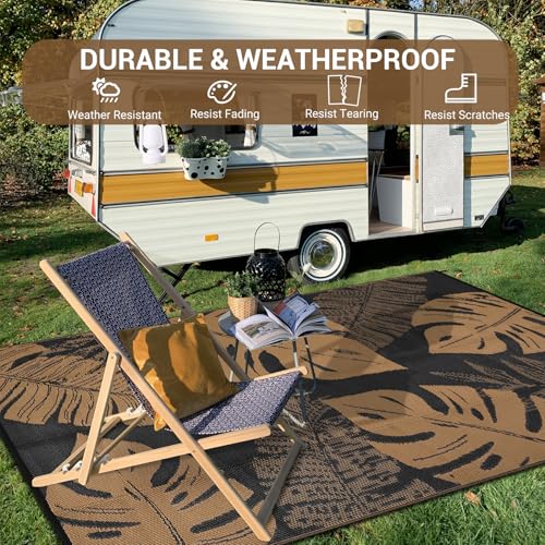 GarveeLife Outdoor Plastic Straw Rug 9x12 UV Resistant Waterproof Patio Rug, Reversible RV Camping Mat with Portable Bag & 4 Stakes, Modern Indoor Outdoor Rugs for Balcony Deck Yard, Brown - color: Leaf|black&brown, size: 9' x 12' (Rectangular)