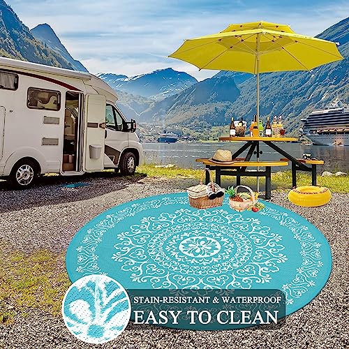 Pauwer Waterproof Outdoor Rug 6ft, Reversible Plastic Straw Patio Camping Rug, Indoor Outdoor RV Mat Carpet for Deck, Camper, Porch, Balcony, Backyard, Picnic, Floral Teal - color: Floral Teal, size: 6' (Round)