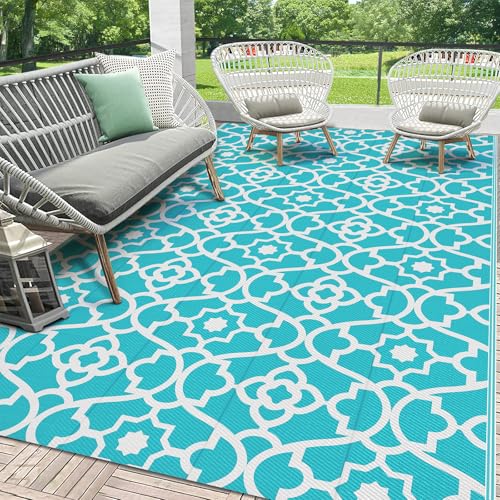 HEBE Outdoor Rug Waterproof 5x8, Plastic Straw Rug Camping Rug, Reversible Outdoor Patio Rugs RV Mat Clearance, Indoor Outside Floor Carpet for Porch,Deck,Camper,Balcony,Backyard - color: Teal, size: 5' x 8' (Rectangular)