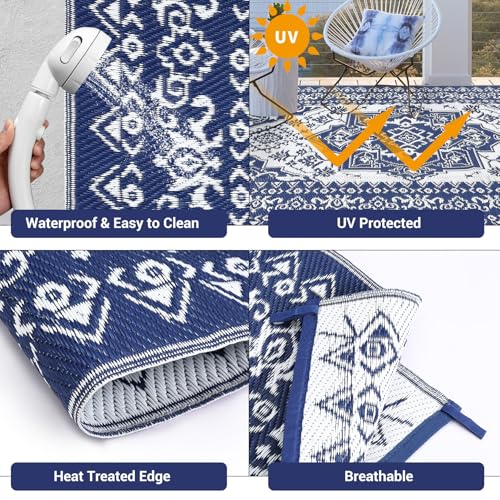 GlowSol Outdoor Rug 9x12 Waterproof Outdoor Plastic Straw Rug for Camping with Carry Bag,Reversible Easy Cleaning Portable Vintage Floor Mat Outside Carpet for RV Patio Backyard Deck Picnic,Navy - color: Vintage Navy/White, size: 9' x 12' (Rectangular)