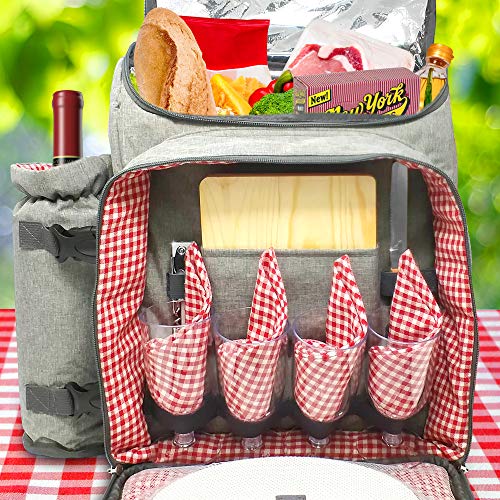 Nature Gear Picnic Backpack for 4, Insulated Picnic Set with Dinnerware, Wine Cooler, Blanket & Cutlery Service, Waterproof Outdoor Bag for Beach, Camping, Travel & Park, Red - color: Red