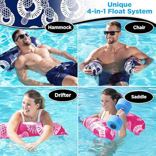 Waterlife 4-in-1 Pool Hammock 2-3-4 Packs, Inflatable Pool Chair Float, Water Hammock (Saddle, Lounge Chair, Hammock, Drifter), Multiple Colors - color: Navy Blue & Pink