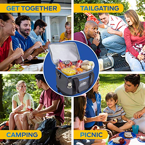 Collapsible Insulated Cooler Bag – 6L Thermal Lunch Bag with Bottle Opener, 16 Can Capacity – Perfect For Camping, Picnics and Travel - Handles and Removable Shoulder Strap - By Outrav - color: Grey with Blue Trim